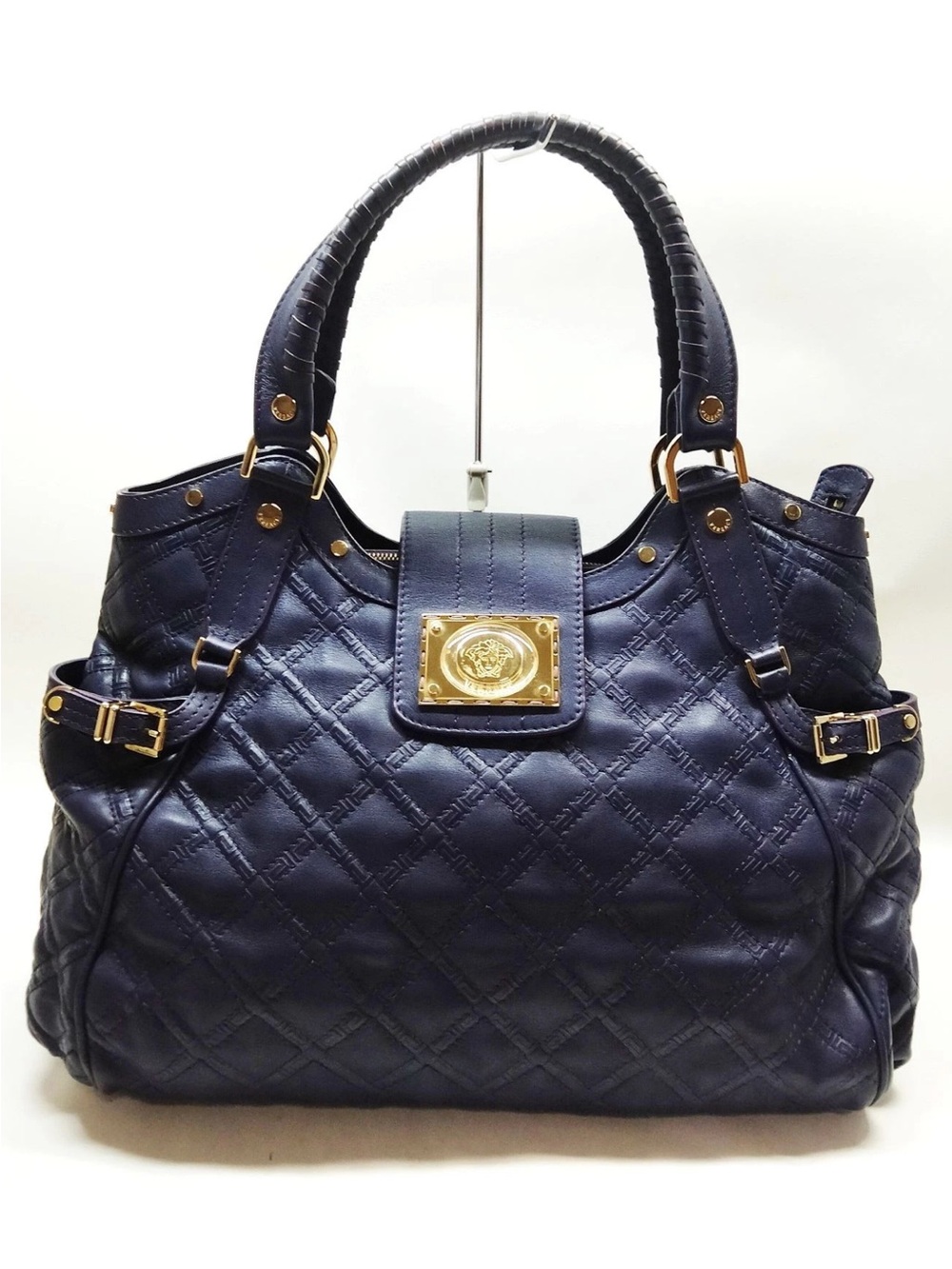 VERSACE Quilted Dark Purple Leather Tote with Gold Accent